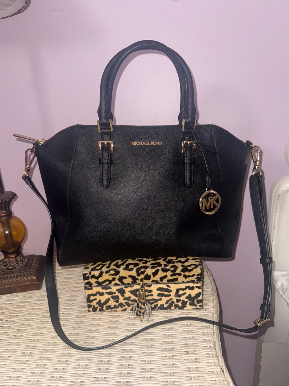 Michael Kors Black Satchel with Gold Hardware and MK Charm - Picture 1 of 3